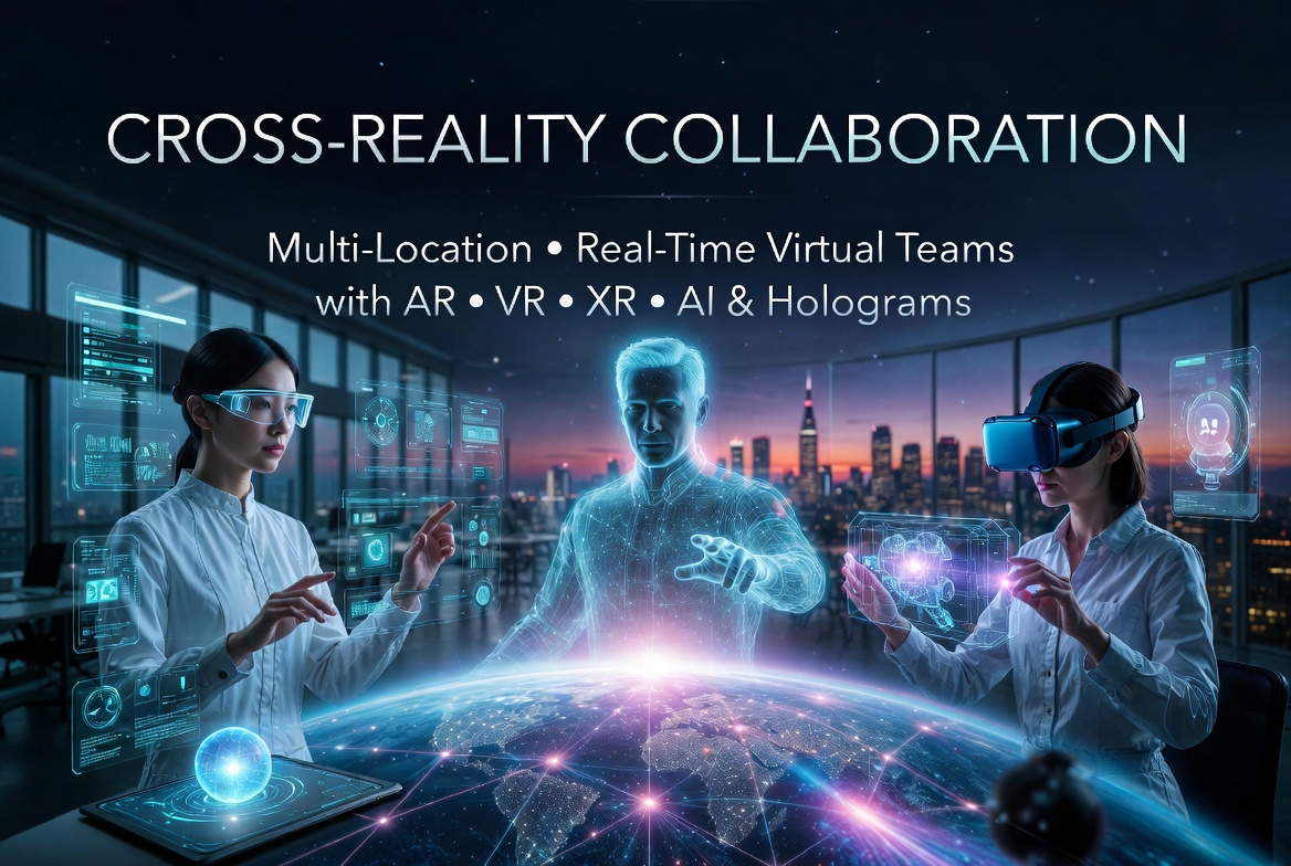 Cross-Reality Collaboration: Redefining Multi-Location, Real-Time Virtual Teams with AR, VR, XR, AI, and Holograms
